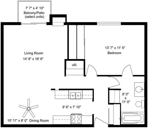 Floor plan for 1 bed, 1 bath, 792 sqft